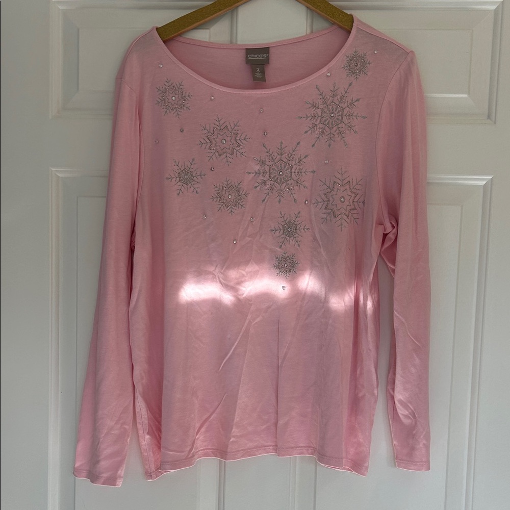 Chico's Pink Snowflake Long Sleeve Tee